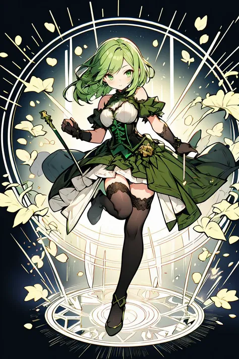 (masterpiece, best quality), 1girl, green hair, ivy hair, green eyes, flying petals, thunder blade, green magic circle, green corset, black thighhighs, sidelighting, light particles, abstract,