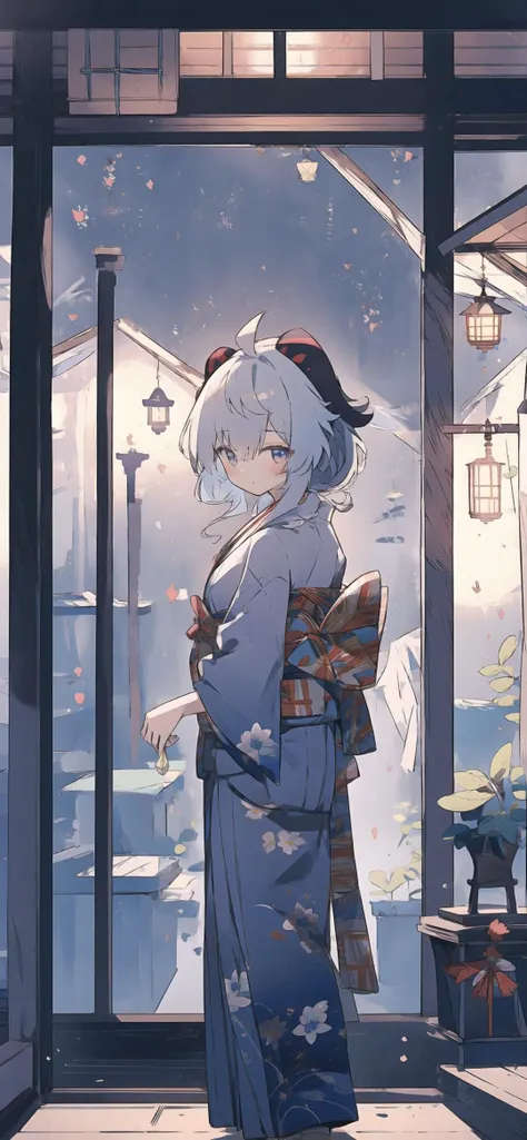 masterpiece,best quality,detailed cg,
1girl,solo,
blue hair,hands before back,
<lora:RXY_mix64:1>,yukata,[blue clothing|white clothing],
<lora:Japanese scene_20230609163753:1>,Japanese scene,
<lora:ganyu_ned2_offset:0.8>,ganyu \(genshin impact\),