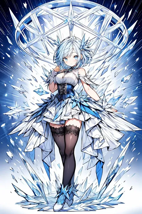 (masterpiece, best quality), 1girl, blue hair, ice hair, blue eyes, ice shards, hands crystal ice, ice blade, blue magic circle, blue corset, black thighhighs, sidelighting, light particles, abstract, <lora:add_detail:1>