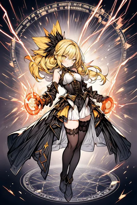 (masterpiece, best quality), 1girl, yellow hair, sparks hair, yellow eyes, electricity sparks, thunder blade, yellow magic circle, yellow corset, black thighhighs, sidelighting, light particles, abstract, <lora:add_detail:1>