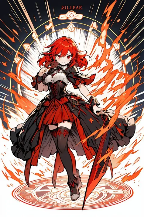 (masterpiece, best quality), 1girl, red hair, flaming hair, red eyes, flames, hands in flame, flame blade, red magic circle, red corset, black thighhighs, sidelighting, light particles, abstract,