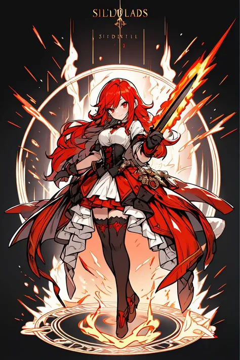 (masterpiece, best quality), 1girl, red hair, flaming hair, red eyes, flames, hands in flame, flame blade, red magic circle, red corset, black thighhighs, sidelighting, light particles, abstract,