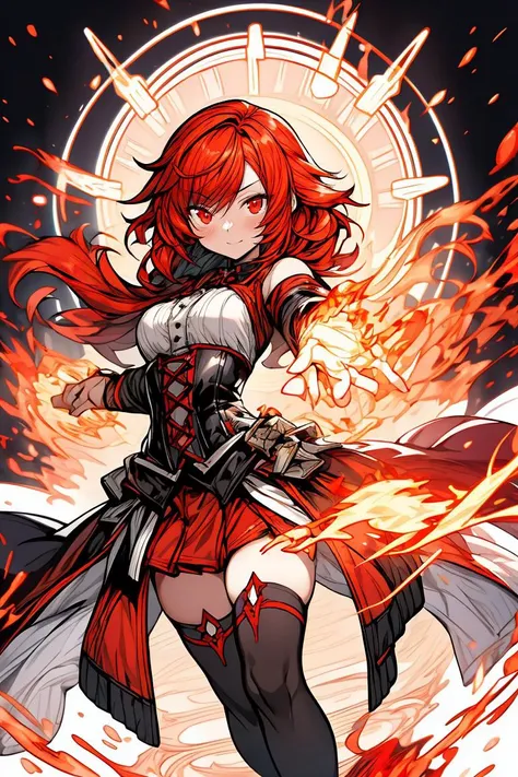 (masterpiece, best quality), 1girl, red hair, flaming hair, red eyes, flames, hands in flame, flame blade, red magic circle, red corset, black thighhighs, sidelighting, light particles, abstract, <lora:add_detail:1>