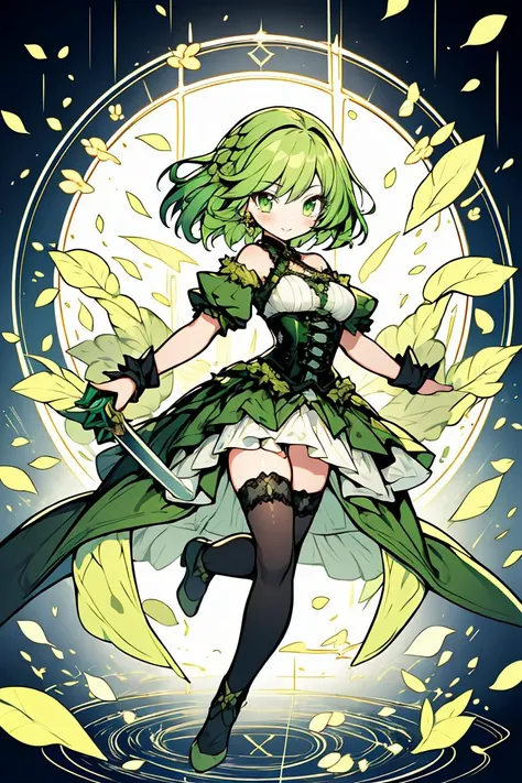 (masterpiece, best quality), 1girl, green hair, ivy hair, green eyes, flying petals, thunder blade, green magic circle, green corset, black thighhighs, sidelighting, light particles, abstract,