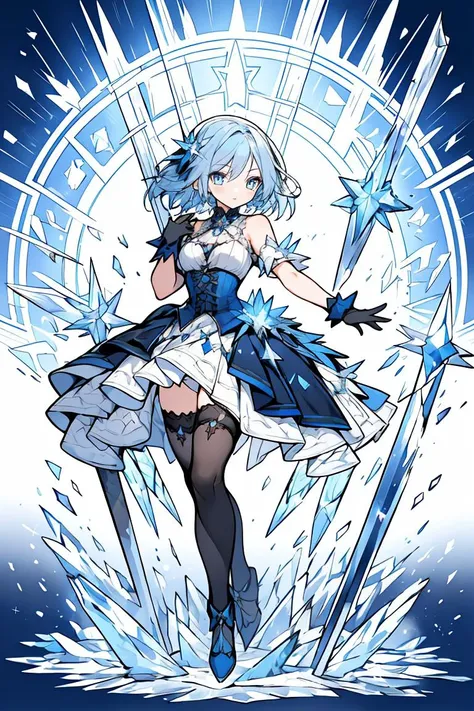 (masterpiece, best quality), 1girl, blue hair, ice hair, blue eyes, ice shards, hands crystal ice, ice blade, blue magic circle, blue corset, black thighhighs, sidelighting, light particles, abstract,