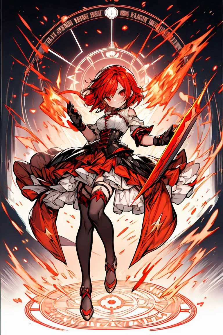 (masterpiece, best quality), 1girl, red hair, flaming hair, red eyes, flames, hands in flame, flame blade, red magic circle, red corset, black thighhighs, sidelighting, light particles, abstract, <lora:add_detail:1>