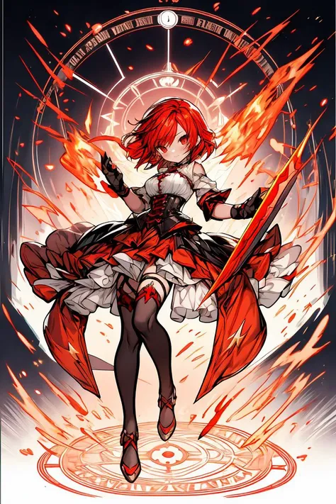 (masterpiece, best quality), 1girl, red hair, flaming hair, red eyes, flames, hands in flame, flame blade, red magic circle, red corset, black thighhighs, sidelighting, light particles, abstract, <lora:add_detail:1>