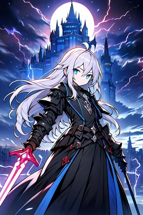 masterpiece, best quality, game cg, absurdres, HDR, UHD, 8K, 1girl, solo, very long hair, white hair, ahoge, blue eyes, expressionless, cowboy shot, looking at viewer, black castle background, standing, black and blue coat, closed mouth, flat chest, staff, black trim, wielding sword, straight hair, black gauntlets, cold attitude, blue energy, dark energy, blue haze, moon, clouds, dark sky, thunder, blue lightning, pale skin