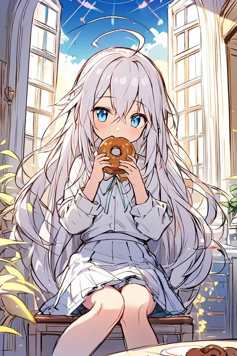 masterpiece, best quality, highrest, 1girl, solo, eating donut, petite, flat chest, white hair, very long hair, ahoge, blue eyes, sitting, chair, living room, upper body, window, white shirt, sun light, sun rays, skirt, sitting, straight hair, sketch