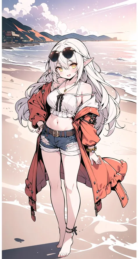 (masterpiece:1.1), (best quality:1.2),(dynamic angle),from above,highres, original, extremely detailed wallpaper, official art,1girl,hand to own mouth,(barefoot),(strap slip:1.3),(sunglasses:1.2),(eyewear on head:1.2),belt,(hand on hip:1.3),(huge breasts),necklace,bracelet,solo, bangs, bare legs,standing, (seductive smile), fang,blush, frills, ribbon, (yellow eyes:1.3), (lower abdomen:1.4),(on side),off shoulder, standing on one leg,(Bend down and bow head),long hair, very long hair, long sleeves, bare legs,hair between eyes, (white hair:1.3),pointy ears, looking at viewer,open clothes, black shorts,open jacket, (denim shorts), puffy sleeves,sleeves past wrists,(sunset:1.1),beach,sea,summer,windblown, wind lift,horizon,cinematic lighting