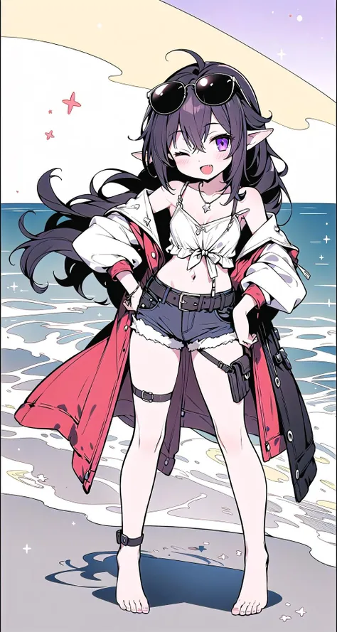 (masterpiece:1.1), (best quality:1.2),(dynamic angle),from above,highres, original, extremely detailed wallpaper, official art,1girl,hand to own mouth,(barefoot),(strap slip:1.3),(sunglasses:1.2),(eyewear on head:1.2),belt,(hand on hip:1.3),(one eye closed),necklace,bracelet,solo, bangs, smile, standing, :d, fang,blush, frills, ribbon, (purple eyes:1.3), (lower abdomen:1.4),(on side),off shoulder, standing on one leg,(Bend down and bow head),long hair, very long hair, long sleeves, bare legs,hair between eyes, (black hair:1.3),pointy ears, looking at viewer,open clothes, black shorts,open jacket, (denim shorts), puffy sleeves,sleeves past wrists,(sunset:1.1),beach,sea,summer,windblown, wind lift,horizon,cinematic lighting