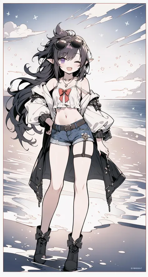 (masterpiece:1.1), (best quality:1.2),(dynamic angle),from above,highres, original, extremely detailed wallpaper, official art,1girl,hand to own mouth,(barefoot),(strap slip:1.3),(sunglasses:1.2),(eyewear on head:1.2),belt,(hand on hip:1.3),(one eye closed),necklace,bracelet,solo, bangs, smile, standing, :d, fang,blush, frills, ribbon, (purple eyes:1.3), (lower abdomen:1.4),(on side),off shoulder, standing on one leg,(Bend down and bow head),long hair, very long hair, long sleeves, bare legs,hair between eyes, (black hair:1.3),pointy ears, looking at viewer,open clothes, black shorts,open jacket, (denim shorts), puffy sleeves,sleeves past wrists,(sunset:1.1),beach,sea,summer,windblown, wind lift,horizon,cinematic lighting