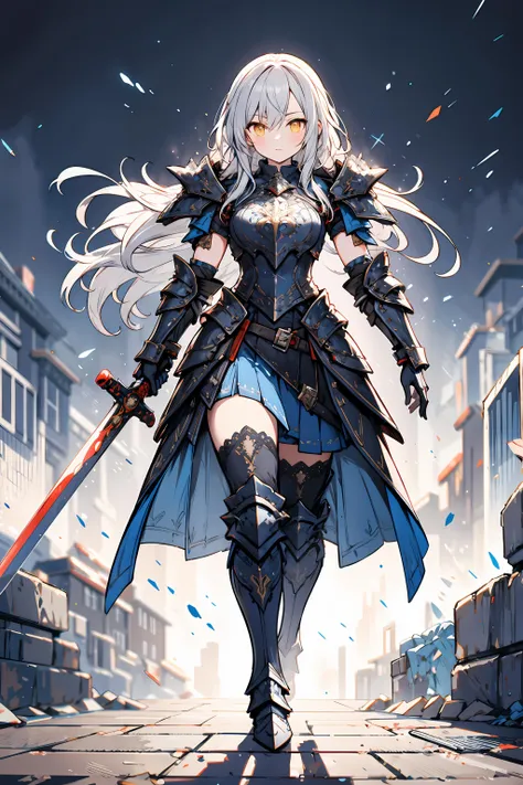 (masterpiece:1.2), best quality, high-res, HDR, perfect face, long silver hair, yellow eyes, mechanical white armor, intricate armor, delicate blue filigree, intricate filigree, red metalic parts, walking, holding a medievel detailed great sword, detailed part, dynamic pose, dynamic lights,