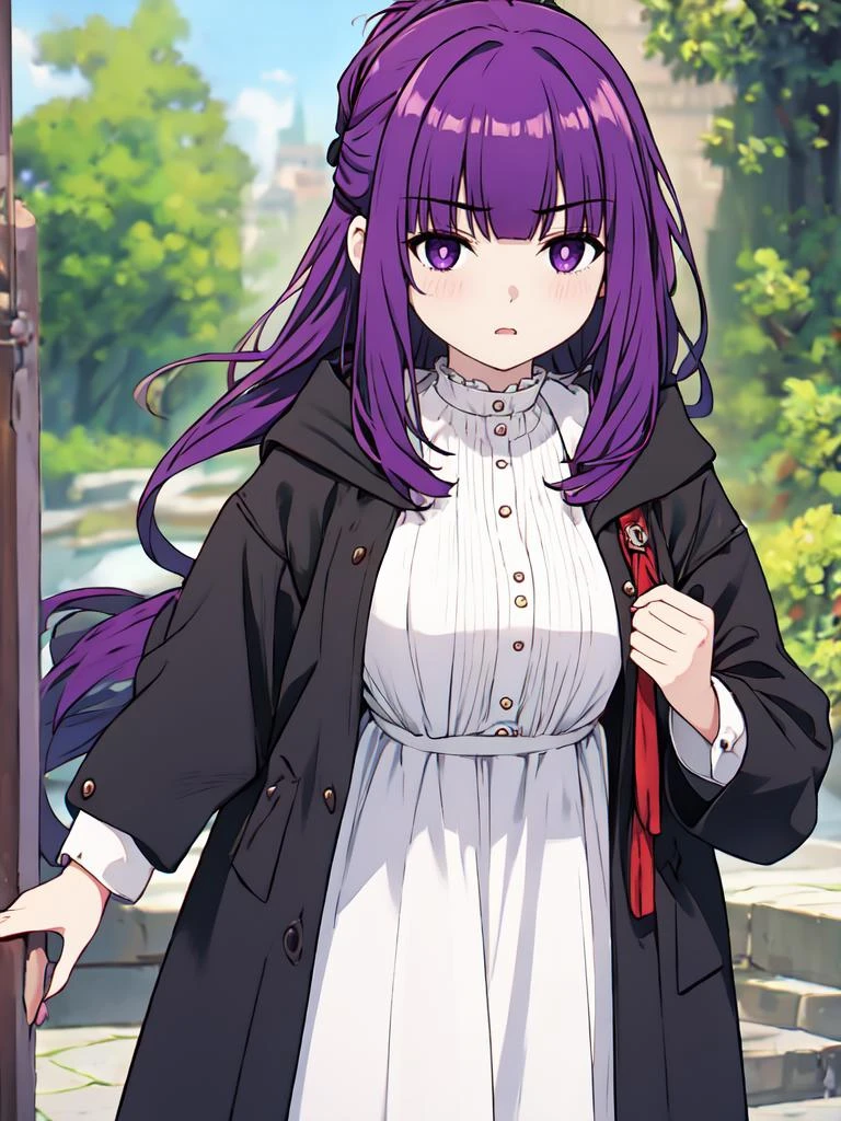(best quality:1.3),(masterpiece:1.3),(illustration:1.3),(ultra-detailed:1.3),(imid shot:0.9), solo,
BREAK, annoyed, long hair, bangs, (purple eyes:1.1), purple hair, sidelocks, blunt bangs, bright pupils, half updo, BREAK shirt, dress, jacket, white shirt, open clothes, hood, white dress, long hood down,
BREAK, 1girl, big breast , looking at viewer, masterpiece, standing, flow below, purple hair, (purple eyes:1.2),
BREAK, <lora:fern-lora-nochekaiser:0.7>, fern, 16 yo, unhappy, annoyed