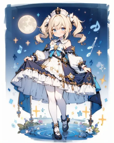 (masterpiece, best quality), 1girl, full body, intricate details, smile, happy, laughing, blonde, blue eyes, short dress, frills, skirt lift, blush, looking at viewer, twin drills, white pantyhose, cloud, rainbow, barbararnd, shoes, <lora:genshinfull1:1>, colorful, blue sky, musical note, sparkle, water drop, stars, glitter, glare, sheet music, shine, magic, cute colors, sunlight, moon,