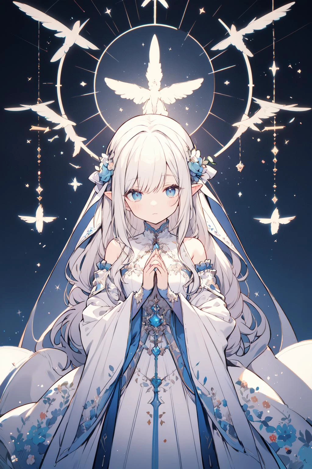 no lineart, ethereal, pastel \(medium\), thin lines, light lines, delicate outlines, soft colors, pastel tones, gentle shading, flat color, watercolor \(medium\),
rural landscape, northan light, scenery, wide shot,
Finnish mythology, elven maiden, calm expression, perfect anatomy, fingernails, see-through silhouette, detached sleeves, see-through sleeves, juliet sleeves, bridal gauntlets, embroidery, fine fabric emphasis, good hands, bioluminescence, masterpiece, best quality,