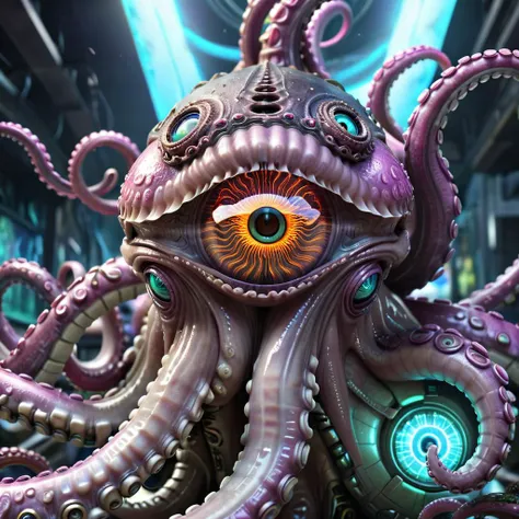 ((Illuminati:1.2)) Octopus-tentacles (Immense detail) (android, cyborg) ((all-seeing eye):1.3) Morphing Hypnotic deep-state illustration (psychedelic art) surrealism, dark and evil glow, glow neon paint, defined sharp edges, mystical, (Multi-dimensional:1.2) <lora:SciFi_XL_V1:0.8> scifi