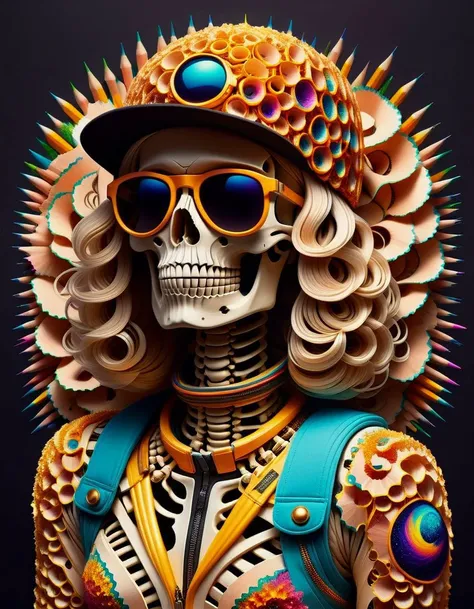 DMT Art Style, <lora:Pencil_Shavings_Style_SDXL:1> ais-pencilshavings <lora:SkeletoNaut-000009:1> SkeletoNaut, fitted ball cap, stunna shades, bright colors, surreal visuals, swirling patterns, DMT art style