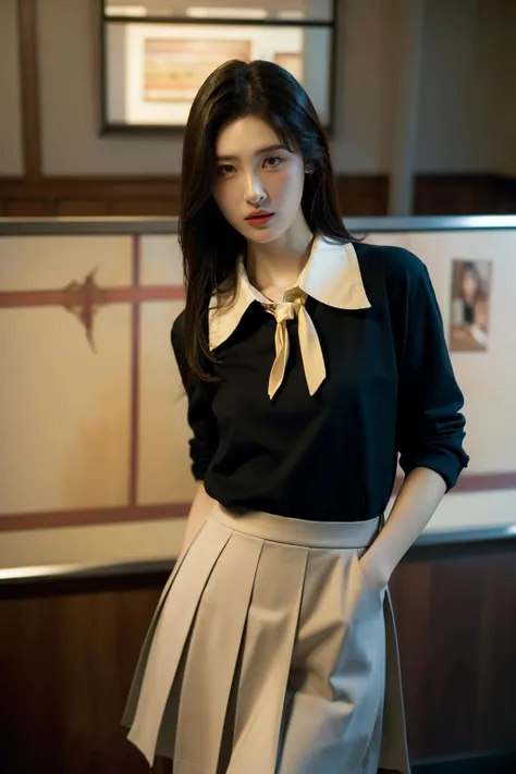 (realistic), (hyperrealism),best quality, masterpiece,ultra high res, (photorealistic:1.4),1girl,(looking at viewer:2), <lora:add_detail:0.3>,office,
flared pleated skirt, collared shirt, tie
cowboy shot, <lora:makina69_sunmi_v1.0:1>