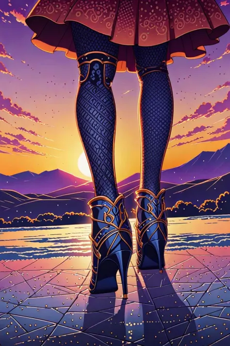 a high heels boots and intricate etched armor in a sunset in the distance in the style of stippling dots, partially masked, <lora:sdxl_lightning_8step_lora.safetensors:1>