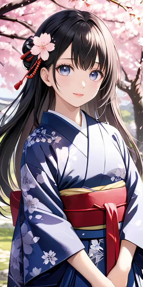 masterpiece,ultra-detailed,best quality,8K,illustration,ultra detailed face,cute face,clean skin ,shiny hair,girl,ultra-detailed-eyes, <lora:add-detail-xl:1>,cowboy shot, cherry blossom,
 <lora:furisode hakama_XL_V1.0:0.6> jyojifuku, furisode, hakama, floral print, hair ornament, boots