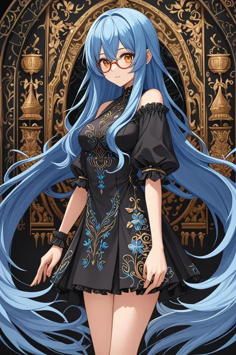 a very long wavy azure blue hair and amber glasses in a in front of a black background in the style of dry brush, intricate environment n 9, <lora:sdxl_lightning_8step_lora.safetensors:0.6>