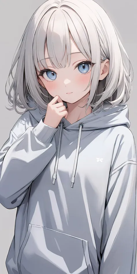 masterpiece,ultra-detailed,best quality,8K,illustration,cute face,clean skin ,shiny hair,girl,ultra-detailed-eyes,simple background, <lora:add-detail-xl:1> <lora:hoodie_XL_V1.0:1> jyojifuku, hoodie ,cowboy shot