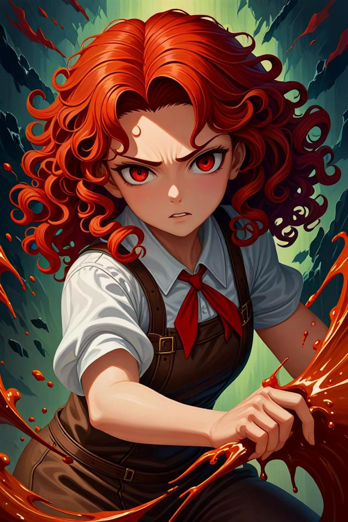 a brown sauce and red curly hair in a battle in the style of digital oil on canvas, sinister mood, <lora:sdxl_lightning_8step_lora.safetensors:1>