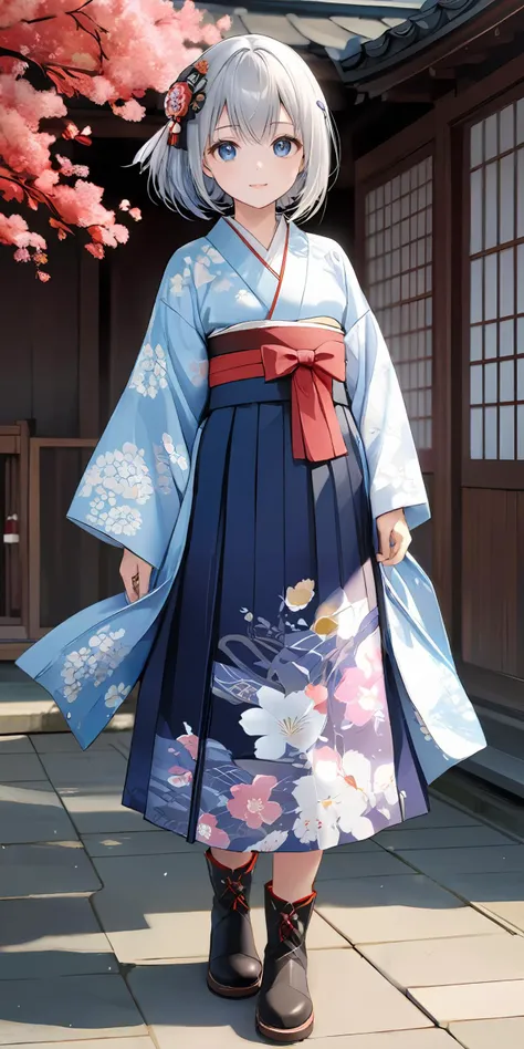 masterpiece,ultra-detailed,best quality,8K,illustration,ultra detailed face,cute face,clean skin ,shiny hair,girl,ultra-detailed-eyes, <lora:add-detail-xl:1>,cowboy shot, 
 <lora:furisode hakama_XL_V1.0:0.8> jyojifuku, furisode, hakama, floral print, hair ornament, boots