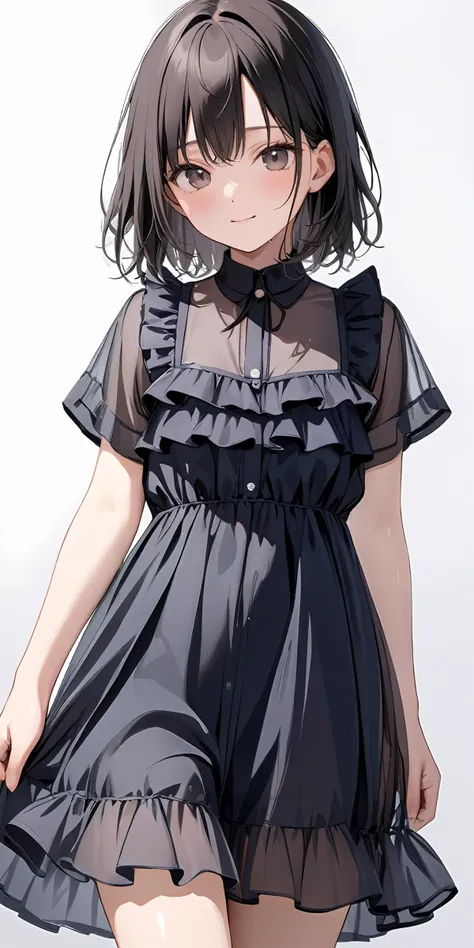 masterpiece,ultra-detailed,best quality,8K,illustration,cute face,clean skin ,shiny hair,girl,simple background,cowboy shot,
 <lora:add-detail-xl:1> <lora:jyoji one piece_XL_V1.0:0.6>  jyojifuku, dress,see-through,frills