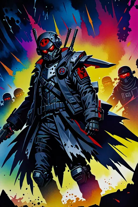 a dressed in dark garment and helghast in a rave in the style of watercolor ink painting, in the center of the image, <lora:sdxl_lightning_8step_lora.safetensors:1>