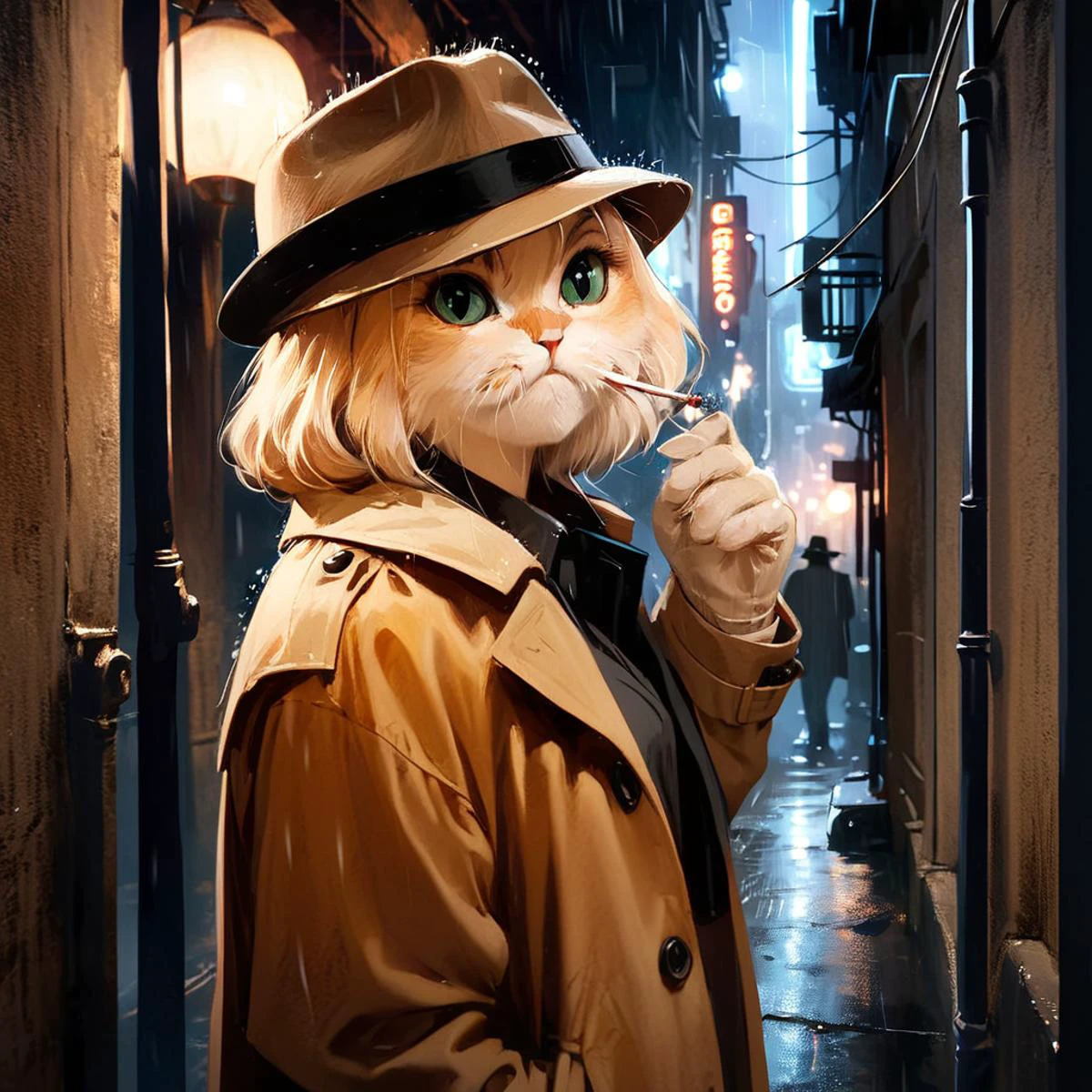 masterpiece, best quality, realistic, Classic Film Noir style, rain,
Detective cat wearing trench coat and fedora, smoking, jinjianceng, alley, night, city, neon lights,
<lora:jinjianceng-000005:1.2><lora:Classic Film Noir style:0.6>