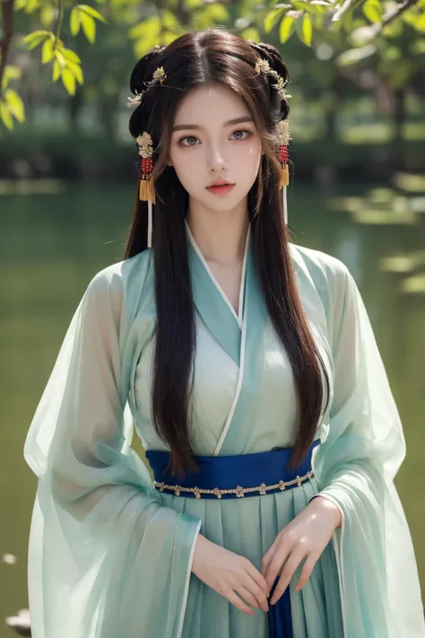 (Best Quality, Masterpiece:1.4), (Realism:1.2), (Realisitc:1.2), (Absurdres:1.2), (photorealistic:1.3), 1 girl,Realistic Skin,Solo,( Very Big Eyes,beautiful detailed eyes, symmetric eyes,),<lora:hanfu jingzhi_20240119235833:0.4>,Hair Ornaments,,hanfu, chinese clothes,, sash, Sheer Sleeves,, layered clothes, traditional dress,,Cowboy Shot,Breasts,Lotus,Lake,Gazebo