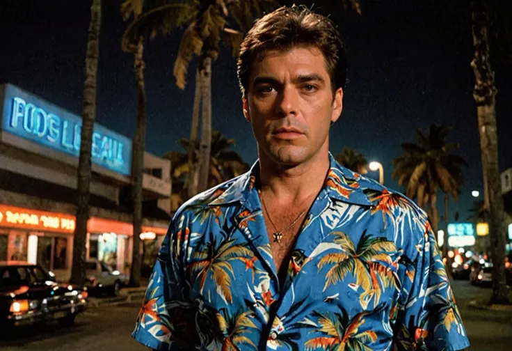 80s crime drama,Ray Liotta,Blue Hawaiian shirt with bold colors and patterns,jeans, Miami strip at night,neon lights and palm trees in the background,low angle shot using a 35mm Arriflex camera to emphasize power and dominance,slow motion effect to capture the intensity of the moment,shot on 35mm film for a gritty and textured look,directed by Brian De Palma in the style of Scarface.,<lora:Scarface 1983 style:0.6>,