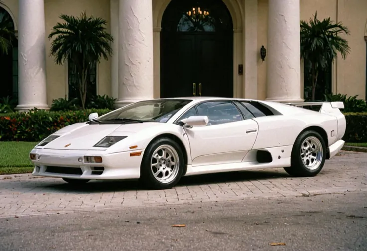 80s crime drama, white Lamborghini Diablo, sleek and aerodynamic design, low to the ground, scissor doors, shiny chrome accents, parked in front of a luxury mansion,reflecting the opulence and excess of the era,Miami,low angle shot using a 35mm Arriflex camera to emphasize power and dominance,slow motion effect to capture the intensity of the moment,shot on 35mm film for a gritty and textured look,directed by Brian De Palma in the style of Scarface.,<lora:Scarface 1983 style:0.6>,