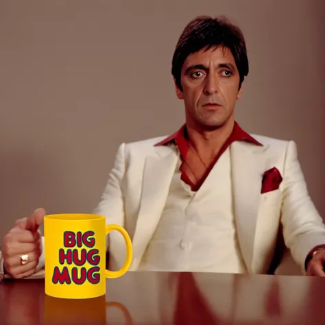 <lora:detailer_v4:0.3>wearing a white suit, yellow mug, In his right hand,
<lora:tweak-detail-xl:0.3> loads of white powder, red lettering, BIG HUG MUG,
<lora:Big Hug Mug:1.3> Scarface holding the handle of a (golden yellow) mug that says (((((BIG HUG MUG))))), <lora:Scarface 1983 style:1.25> Scarface 1983 style