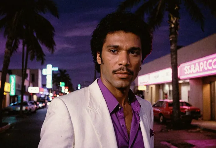 80s crime drama, Philip Michael Thomas, white suit with a purple shirt, high top hair,mustache, Miami strip at night,neon lights and palm trees in the background,low angle shot using a 35mm Arriflex camera to emphasize power and dominance,slow motion effect to capture the intensity of the moment,shot on 35mm film for a gritty and textured look,directed by Brian De Palma in the style of Scarface.,<lora:Scarface 1983 style:0.6>,