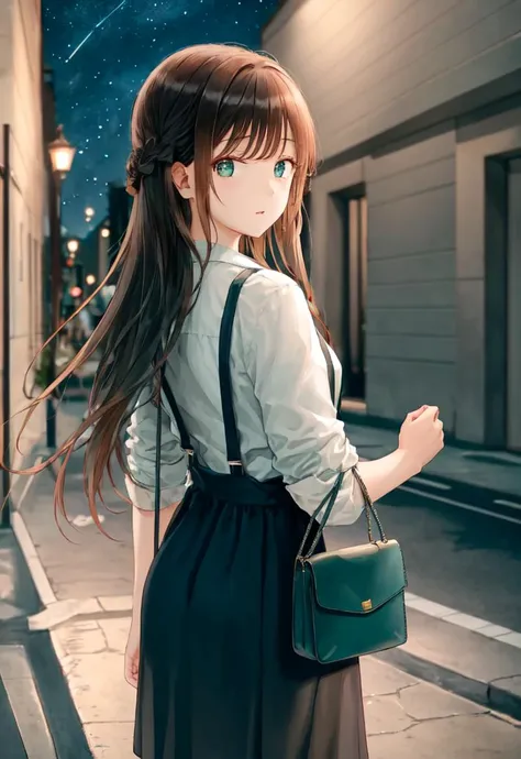 hiten,1girl,solo,long hair,suspenders,holding handbag,outdoors,street,looking back,starry sky,brown hair,very long hair,green eyes,<lora:style_hiten_v2:1>