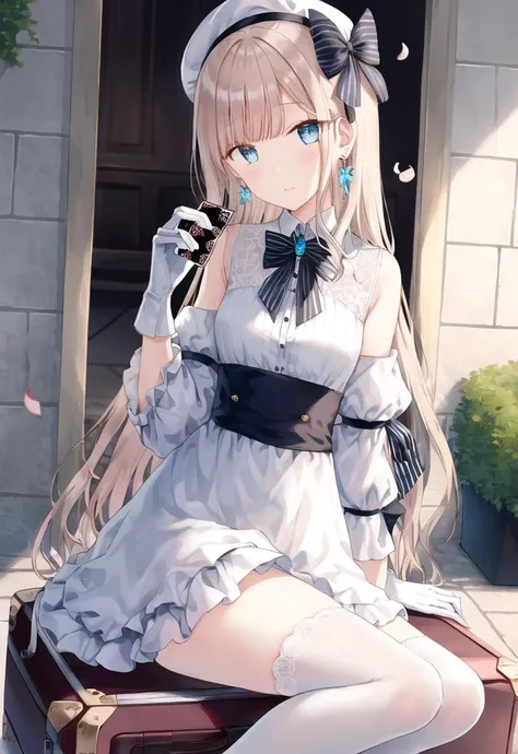 hiten,1girl,solo,blue eyes,holding card,white thighhighs,very long hair,looking at viewer,dress,white skirt,playing card,bangs,full body,blonde hair,white gloves,white headwear,earrings,small breasts,black footwear,floating hair,butterfly,black bowtie,jewelry,hair bow,striped thighhighs,sitting on suitcase,striped bow,juliet sleeves,head tilt,petals,bug,outdoors,swept bangs,half gloves,vertical-striped thighhighs,lo**ta fashion,hat bow,<lora:style_hiten_v2:1>