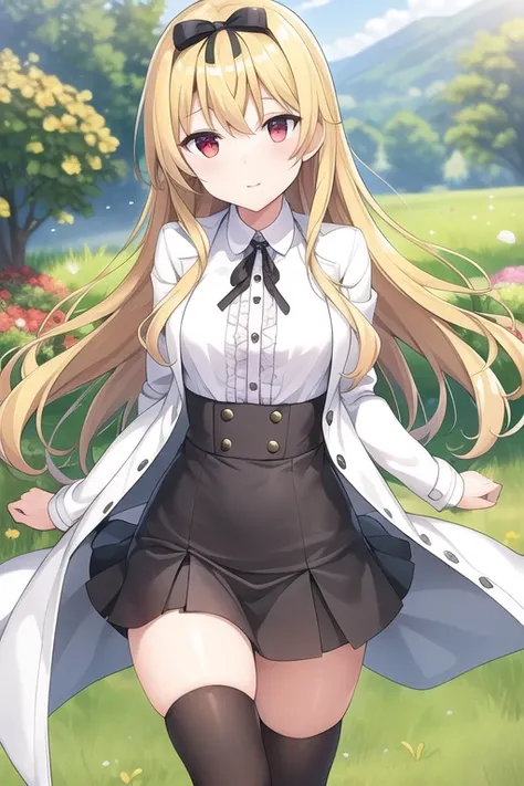 masterpiece, best quality,1girl,solo,loli,<lora:yue:0.5>,yue \(arifureta\),blonde hair, very long hair, red eyes,hair bow, white coat,white shirt,neck ribbon,miniskirt,black skirt,black thighhighs,landscape, outdoors, dynamic pose, sunlight,
