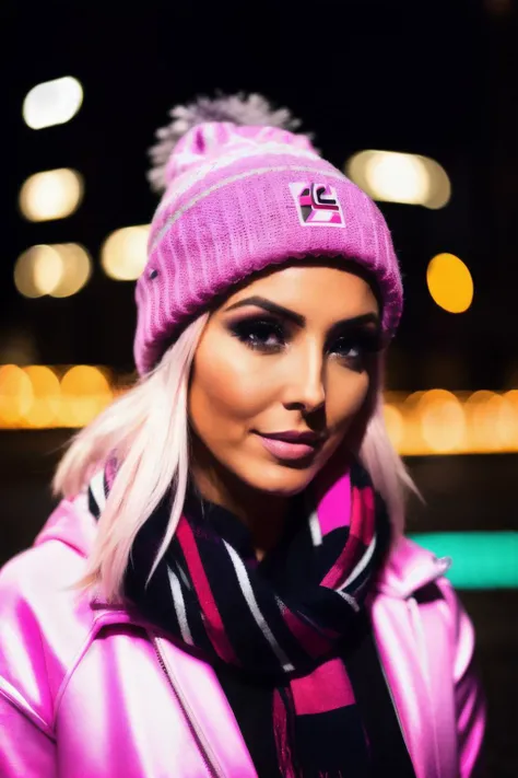 csl , medium length blonde with pink highlights hair, (minimal ambient light), low light, night, bokeh, background is night city, streetwear, beanie, scarf, <lyco:CassieL-RealVision-V1.0:1.0>