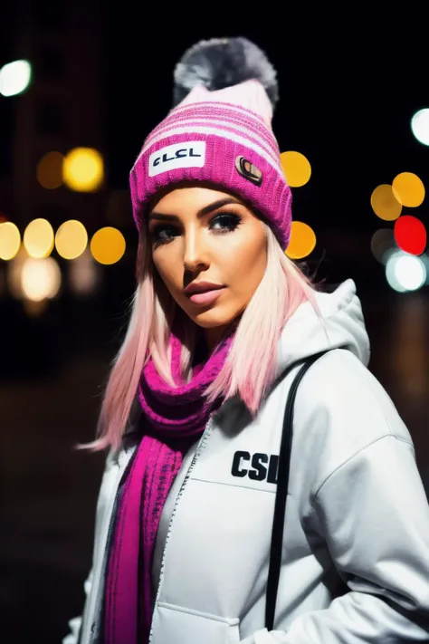 csl , medium length blonde with pink highlights hair, (minimal ambient light), low light, night, bokeh, background is night city, streetwear, beanie, scarf, <lyco:CassieL-RealVision-V1.0:1.0>