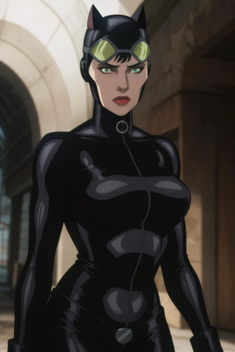 A captivating Catwoman figure, boasting generous assets, The velvety fabric of her black glossy gown clings to her curvaceous figure, big breasts, cleavage. Her seductive green eyes gleam, a sly smile playing at the corner of her mouth. The intricate details of the gown's texture and the glossy finish of her feline ears add to the masterpiece of this art piece, sitting on her iconic motorcycle, fighting with her iconic whip, action, fight scene, nighttime, explosion in background, 