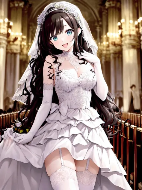 masterpiece, best quality, looking_at_viewer, depth_of_field, cowboy_shot, open mouth, smile,
1girl, <lora:soyosoyo_2:1.0>, soyosoyo:1.5, morishima haruka, wavy hair, hairband, white wedding dress, bride, veil, elbow_gloves, white thighhighs,
in church, crowd,