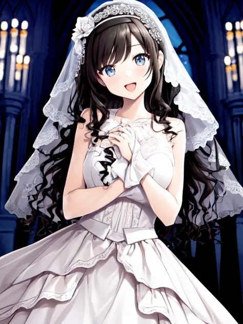 masterpiece, best quality, looking_at_viewer, depth_of_field,  cowboy_shot, open mouth, smile, 
1girl,  <lora:soyosoyo_2:1.0>, soyosoyo:1.3, morishima haruka, wavy hair, hairband, white wedding dress, bride, veil, 
in church,