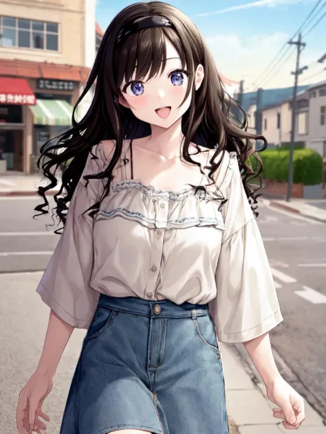 masterpiece, best quality, looking_at_viewer, depth_of_field, cowboy_shot, open mouth, smile,
1girl, <lora:soyosoyo_2:1.0>, soyosoyo:1.5, morishima haruka, wavy hair, hairband,
walking, street,