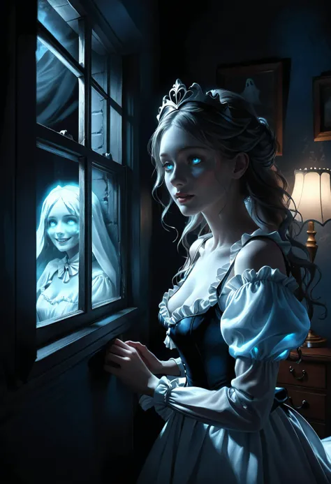 a beautiful happy castle maid , both of you fall asleep in the pitch black bedroom bedroom,
photorealistic,
<lora:shadowislesXL:0.65> shadowislexl, glowing, <lora:RMSDXL_Darkness_Cinema:0.8> , <lora:MJ52:0.35> ,a blue ghostly face of a beautiful woman ghost looks in through the window , <lora:add-detail-xl:0.65>
