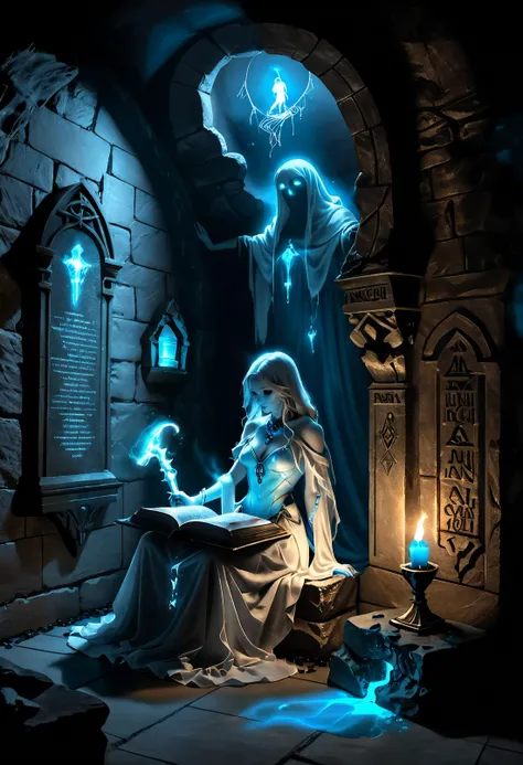 A large dusty magic tome, encrusted with blue topaz and glowing magical writing, sits on top of a stone altar in a pitch black crypt, lit by one torch hanging from a wall sconce. realistic,
<lora:shadowislesXL:0.65> shadowislexl, glowing, ghostly, <lora:RMSDXL_Darkness_Cinema:0.8> , <lora:MJ52:0.35> , a blue ghostly figure of a beautiful woman ghost sits, <lora:add-detail-xl:0.65>