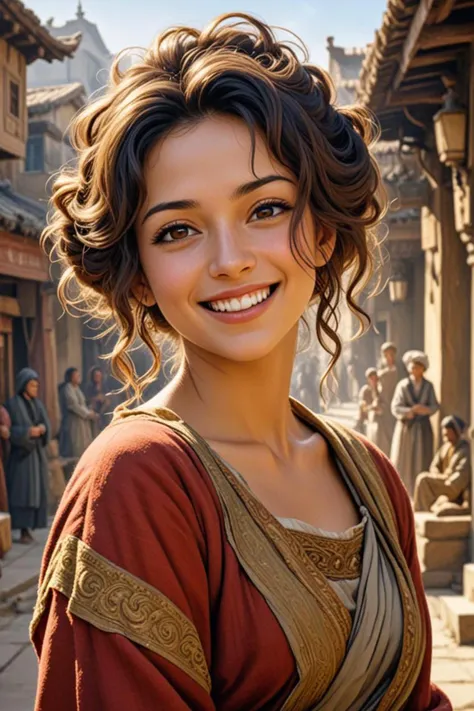 a with a orientalist smileful face and her hair is natural disheveled in a theatrical in the style of impressionist style painting, top 6 worst movie ever imdb list, <lora:sdxl_lightning_8step_lora.safetensors:0.6>