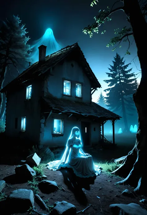 In a pitch black forest clearing, is a deserted rundown cottage, outside, wide angle view,
photorealistic,
 <lora:shadowislesXL:0.65> shadowislexl, glowing, ghostly, <lora:RMSDXL_Darkness_Cinema:0.8> ,  <lora:MJ52:0.35> , a blue ghostly figure of a beautiful woman ghost sits, <lora:add-detail-xl:0.65>